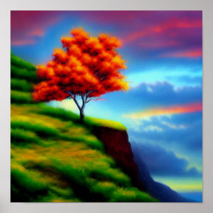 Red Tree on a Cliff at Sunset Poster