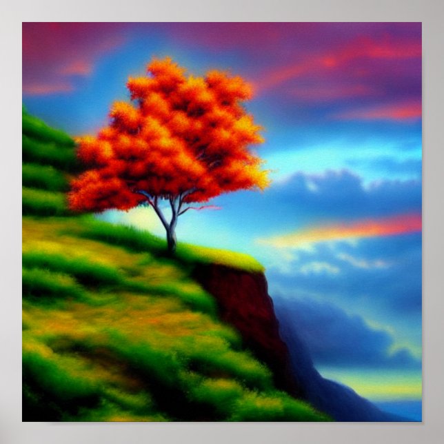 Red Tree on a Cliff at Sunset Poster (Front)