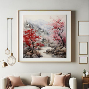 Red Trees over River  Photo Print