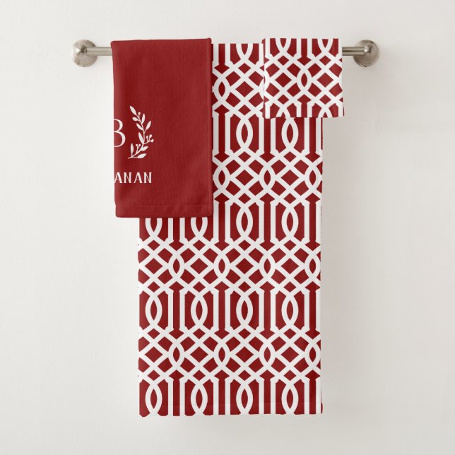 Red Trellis Branch Monogram | Farmhouse Holiday Bath Towel Set (Insitu)