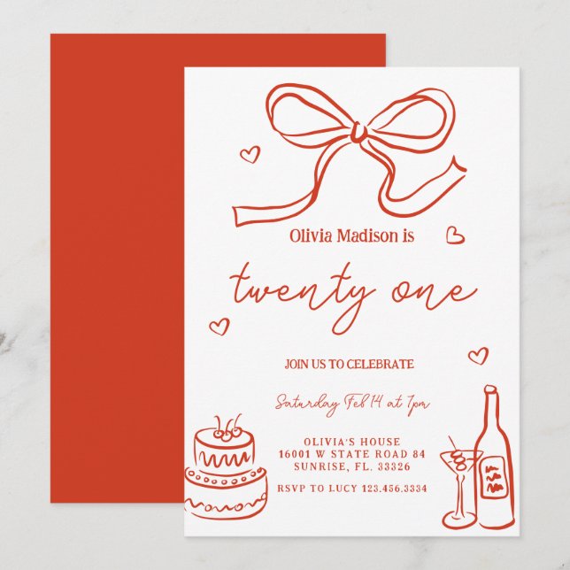 Red Trendy Hand-Drawn 21st Birthday Invitation (Front/Back)