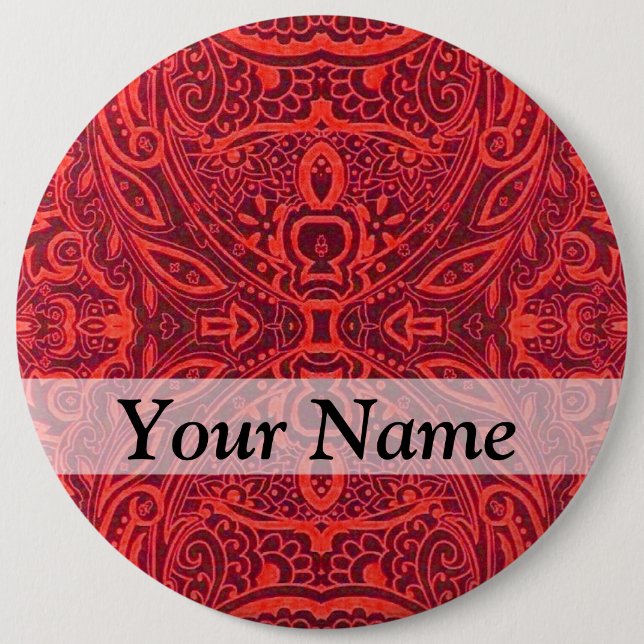Red tribal damask pattern 6 inch round button (Front)