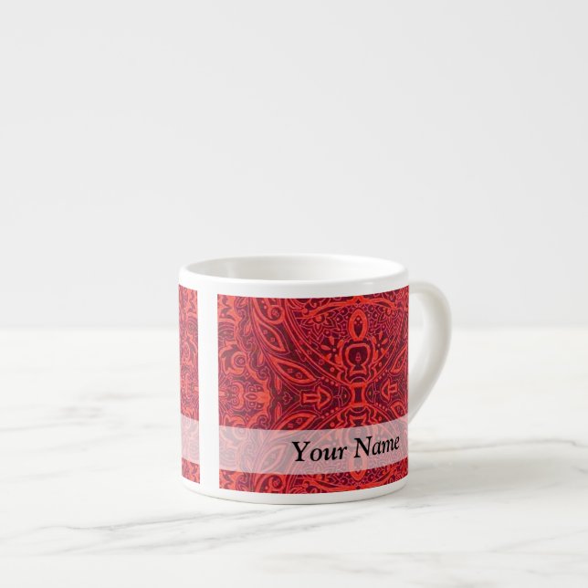 Red tribal damask pattern espresso cup (Front Right)