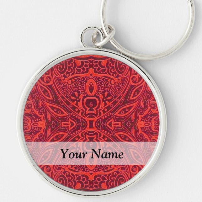 Red tribal damask pattern keychain (Front)