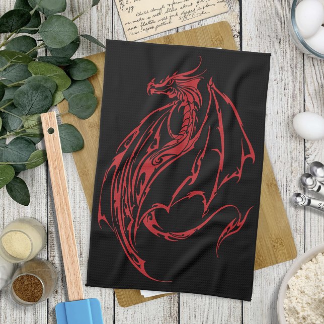 Red Tribal Dragon Black Kitchen Towel (Creator Uploaded)