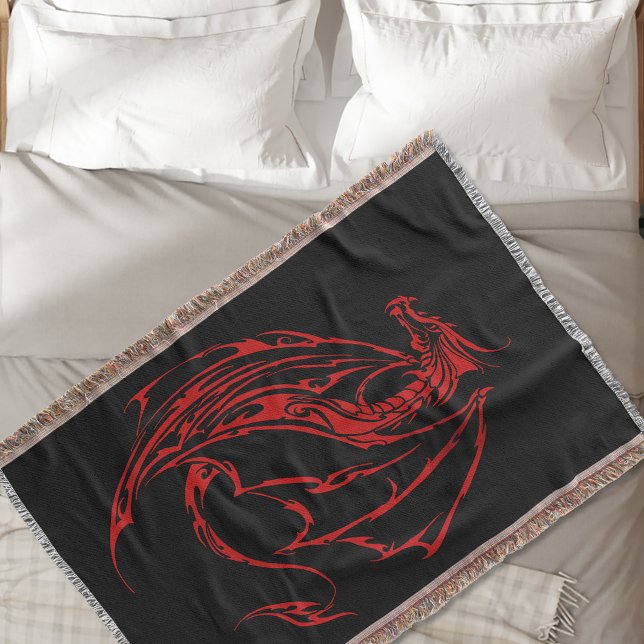 Red Tribal Dragon Black Throw Blanket (Creator Uploaded)