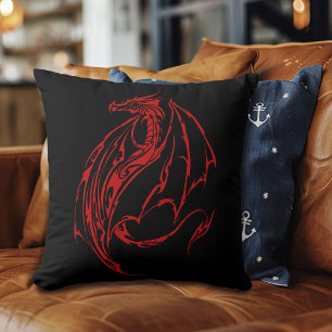 Red Tribal Dragon Black Throw Pillow