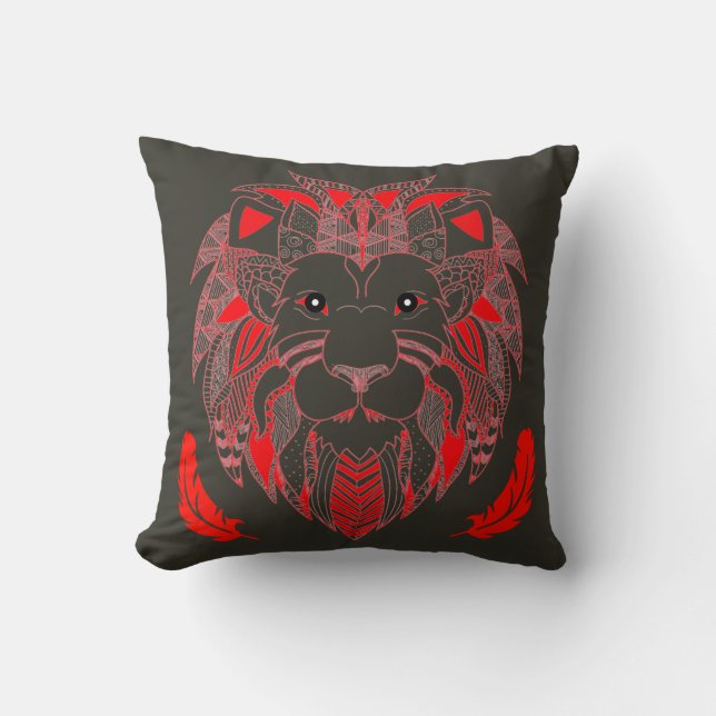 Red Tribal Lion Head With Feathers Throw Pillow (Front)
