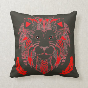 Red Tribal Lion Head With Feathers Throw Pillow