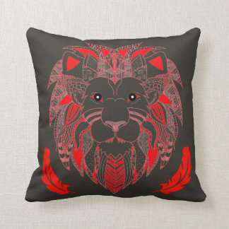 Red Tribal Lion Head With Feathers Throw Pillow