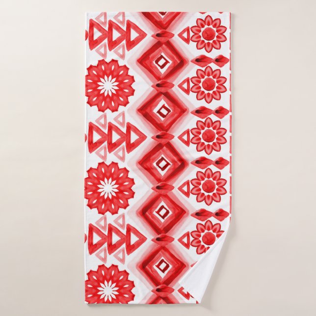 Red tribal, watercolor ethnic pattern. bath towel (Bath Towel)