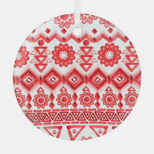 Red tribal, watercolor ethnic pattern. glass ornament