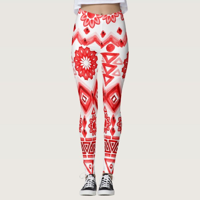 Red tribal, watercolor ethnic pattern. leggings (Front)
