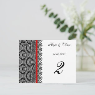 Red Trim Black Damask Table Number Cards