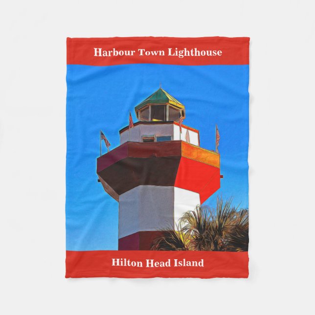 Red Trimmed Hilton Head Harbour Town Lighthouse Fleece Blanket (Front)
