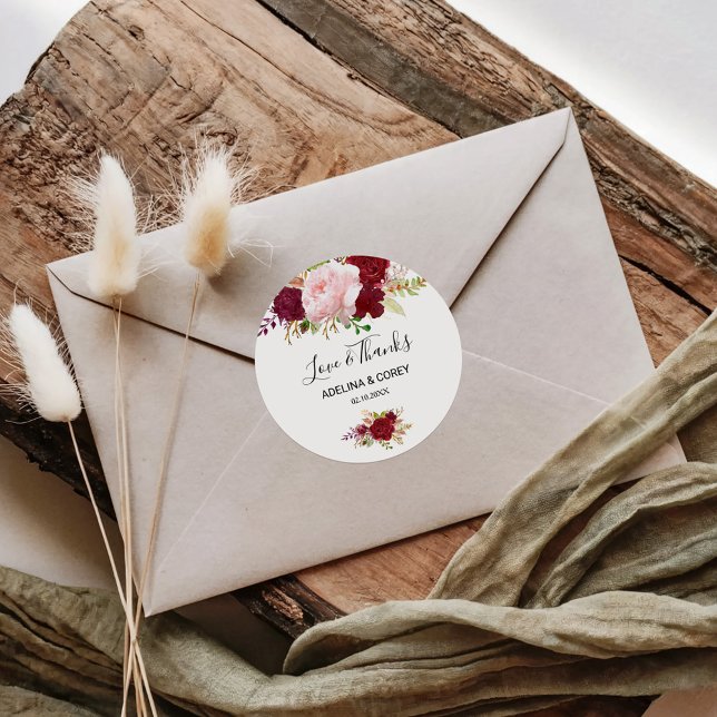 Red Tropical and Romantic Love & Thanks Wedding Classic Round Sticker (Creator Uploaded)