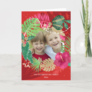 Red Tropical Christmas Wreath Custom Photo Folded Holiday Card