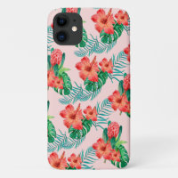 Red Tropical Floral on Baby Pink