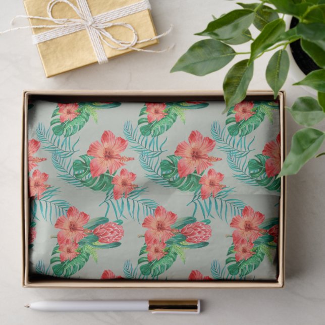 Red Tropical Floral on Sage Tissue Paper (Gift)