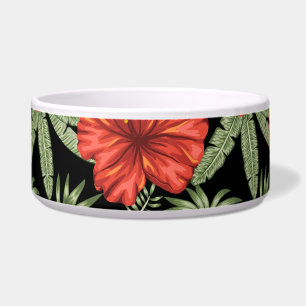 Red tropical flowers seamless pattern green leaves