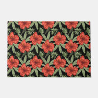 Red tropical flowers seamless pattern green leaves