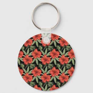 Red tropical flowers seamless pattern green leaves keychain
