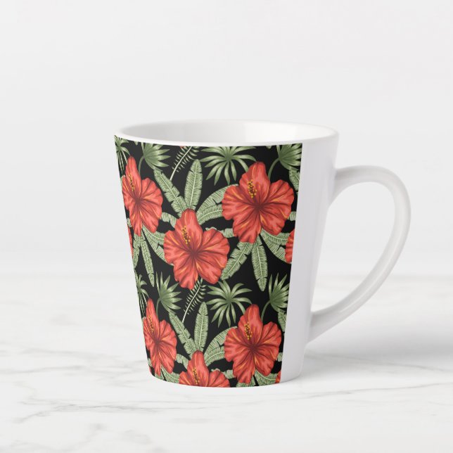 Red tropical flowers seamless pattern green leaves latte mug (Right)