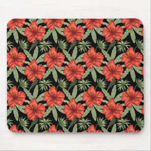 Red tropical flowers seamless pattern green leaves mouse pad