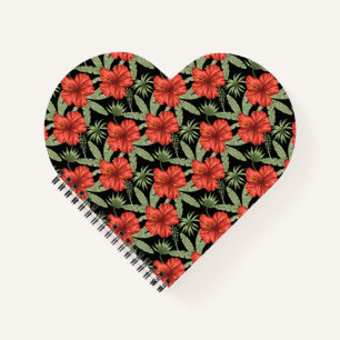 Red tropical flowers seamless pattern green leaves notebook