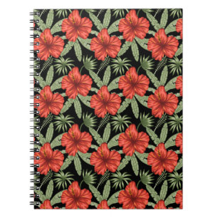 Red tropical flowers seamless pattern green leaves notebook