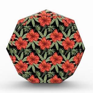 Red tropical flowers seamless pattern green leaves photo block