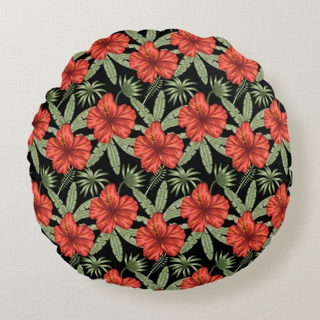 Red tropical flowers seamless pattern green leaves round pillow (Front)