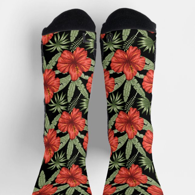 Red tropical flowers seamless pattern green leaves socks (Top)