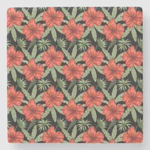 Red tropical flowers seamless pattern green leaves stone coaster