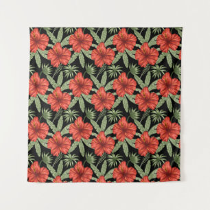 Red tropical flowers seamless pattern green leaves tapestry
