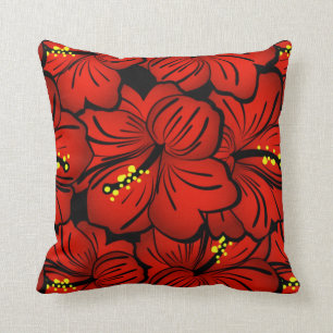 Red Tropical Hawaiian Hibiscus Flower design Throw Pillow