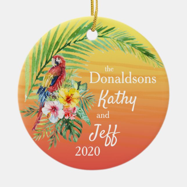 Red Tropical Parrot Palm Leaf Flowers Names Photo Ceramic Ornament (Front)