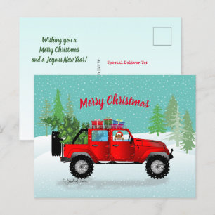 Red Truck 4x4 with Sable Sheltie, Santa Hat Holiday Postcard
