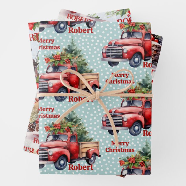 Red Truck Add Name Merry Christmas 3 Wrapping Paper Sheet (In situ)
