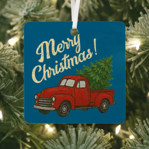 Red truck and Christmas tree custom Metal Ornament