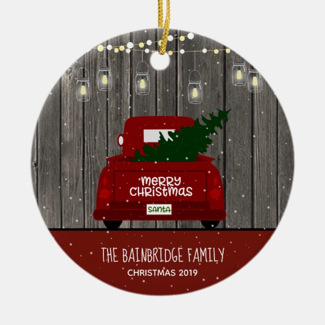 Red Truck and Mason Jar Lights Family Name Holiday Ceramic Ornament (Front)
