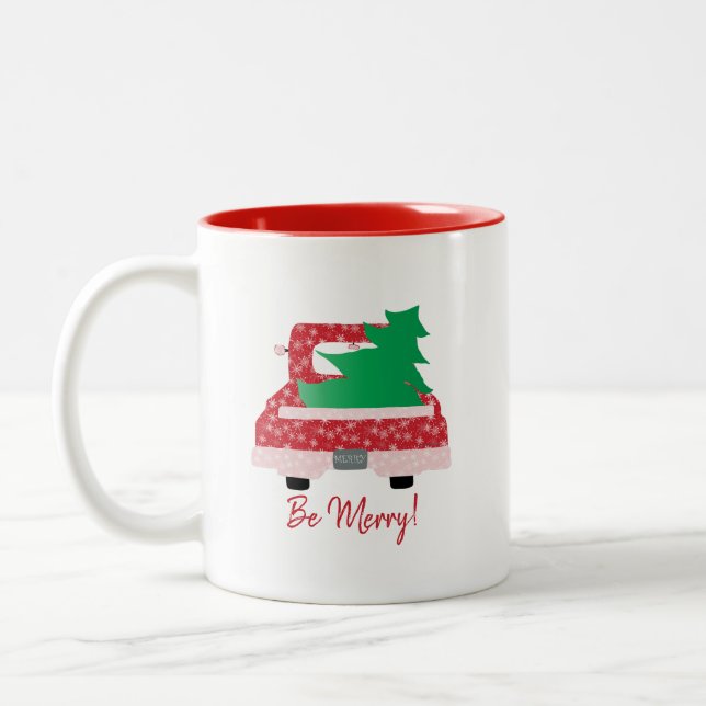 Red Truck and Tree "Be MERRY" Two-Tone Coffee Mug (Left)