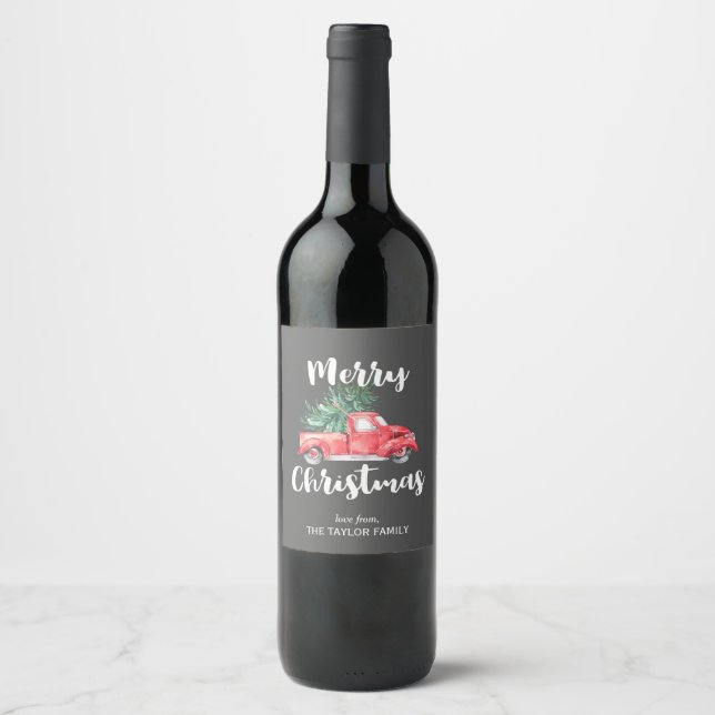 Red Truck and Tree | Grey Merry Christmas Gift Wine Label (Front)