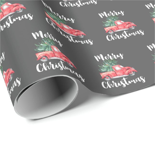 Red Truck and Tree | Grey Merry Christmas Gift Wrapping Paper (Roll Corner)