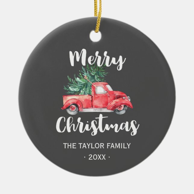 Red Truck and Tree | Grey Merry Christmas Holiday Ceramic Ornament (Front)