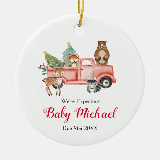 Red Truck Animal We're Expecting Parents  Ceramic Ornament (Front)