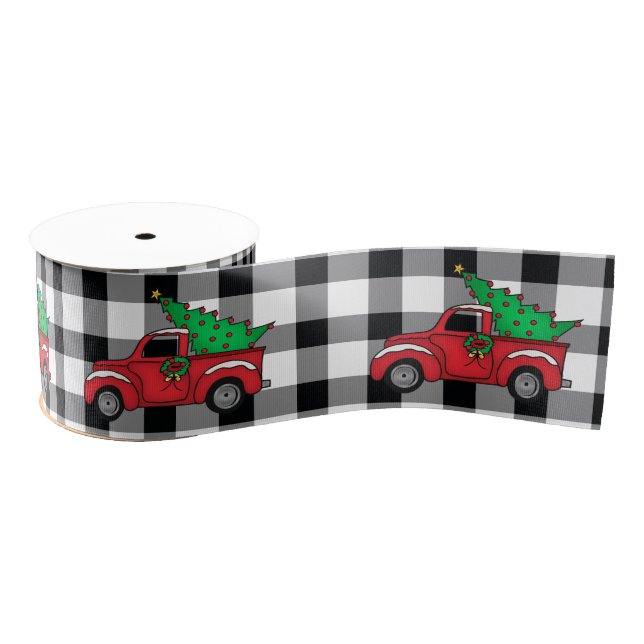 Red Truck | Black | White Buffalo Check Pattern Grosgrain Ribbon (Spool)