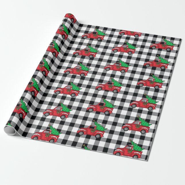 Red Truck | Black | White Buffalo Check Pattern Wr Wrapping Paper (Unrolled)