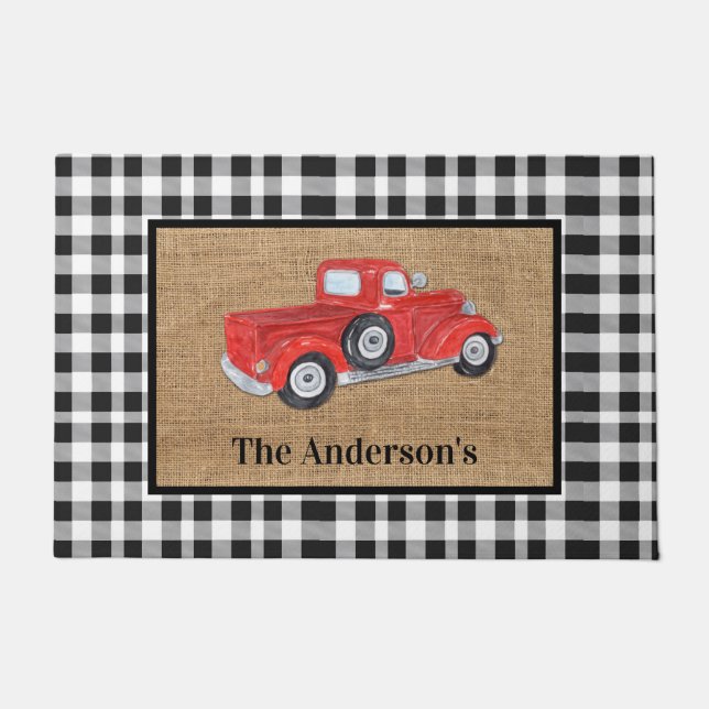 Red Truck Black & White Check Burlap Monogram Doormat (Front)