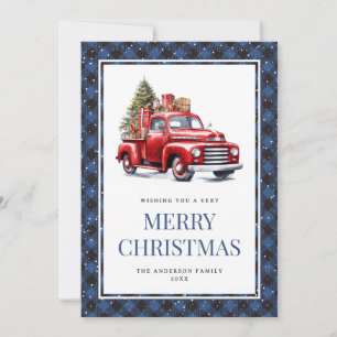 Red Truck Blue Buffalo Plaid Watercolor Christmas Holiday Card